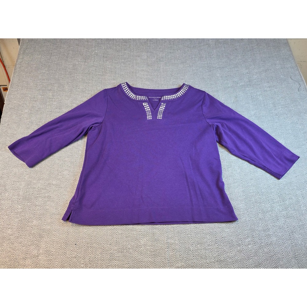 Allison Daley Petite Purple Studded Split Neck 3/4 Sleeve Knit Top PL - Picture 9 of 11